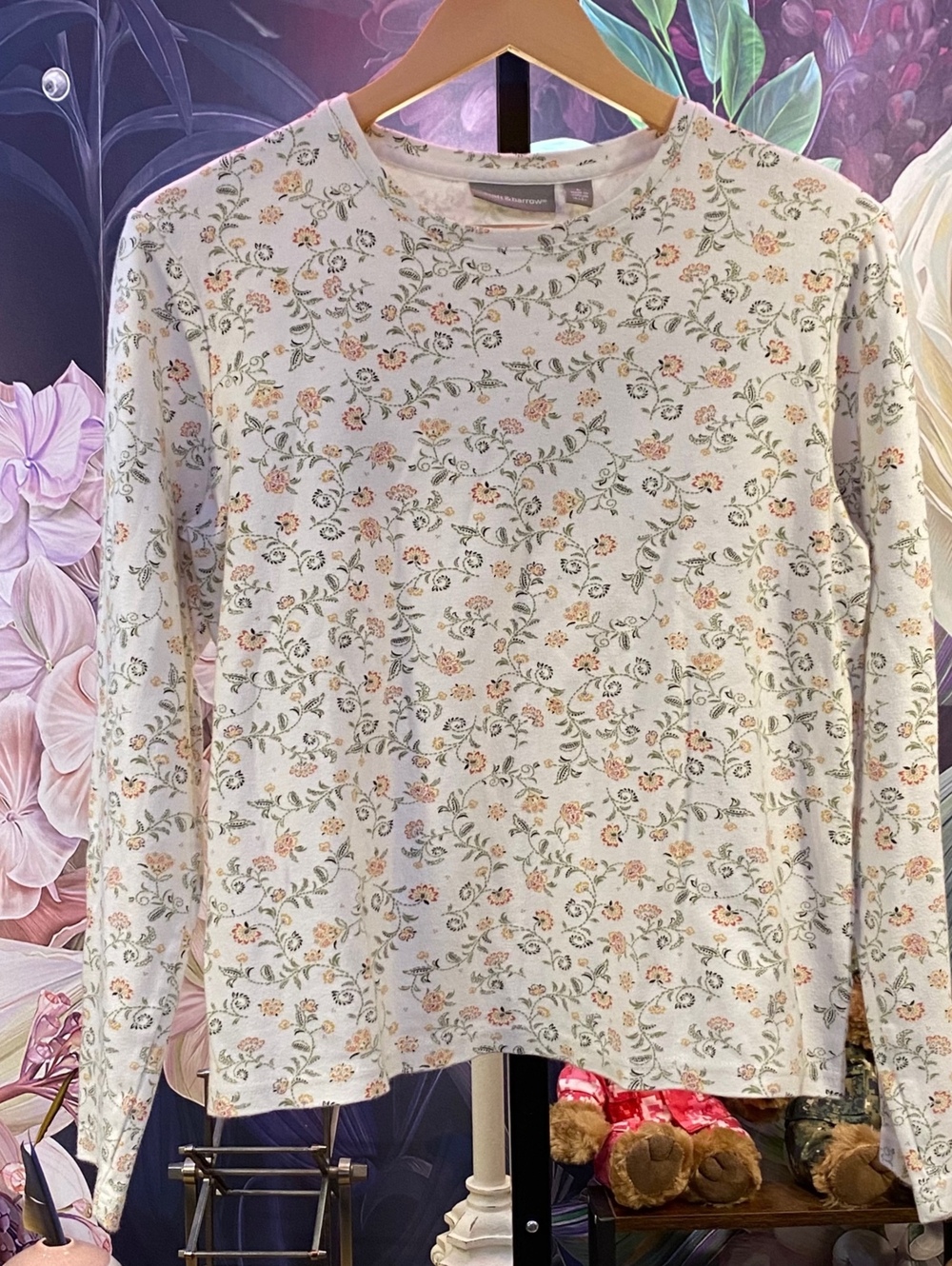 Croft & Barrow L Floral Long Sleeve Top Cottagecore Ditsy Cotton Crewneck Cream
